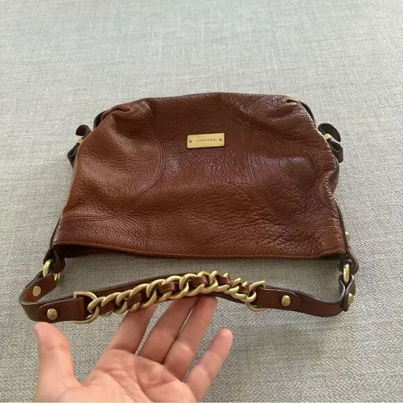 BRAHMIN Brown Pebble Leather Tote Purse Gold Chain Trim Chunky Hardware - Picture 2 of 10